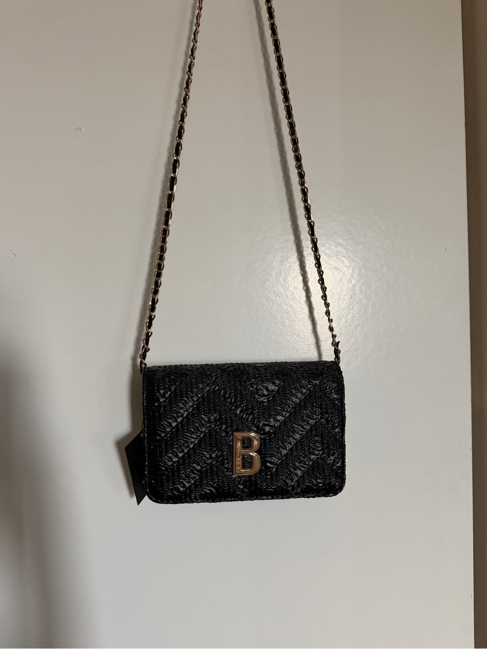 bebe Black Quilted Crossbody with Gold B Emblem